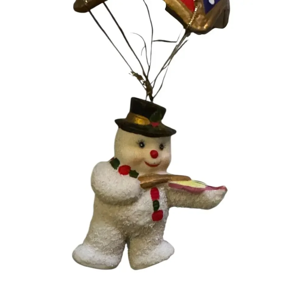 Vintage Parachute Snowman Ornament Violin Player Red Blue‎ Gold Christmas Decor